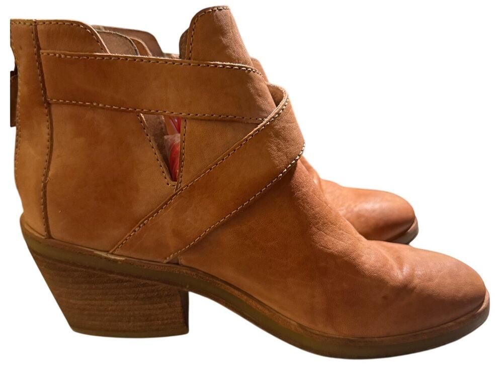 Eileen Fisher Cognac Leather Ankle Boots, Wrap Strap Block Heel, Women Size 8.5